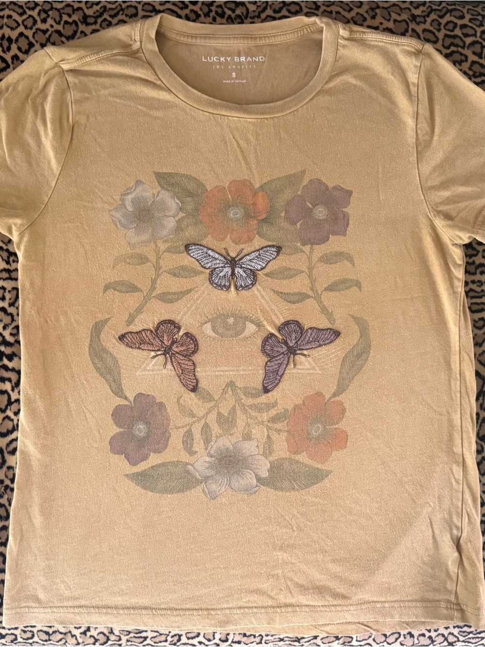 Lucky Brand Mustard Yellow Tee with Floral, Butterfly & Eye Graphic